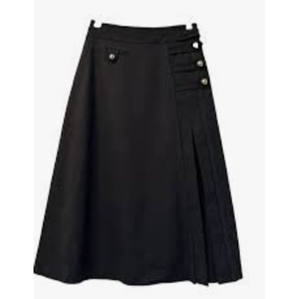 Tanya Taylor Womens Black Gold Button Pleated Side Slit Midi Skirt Size 4